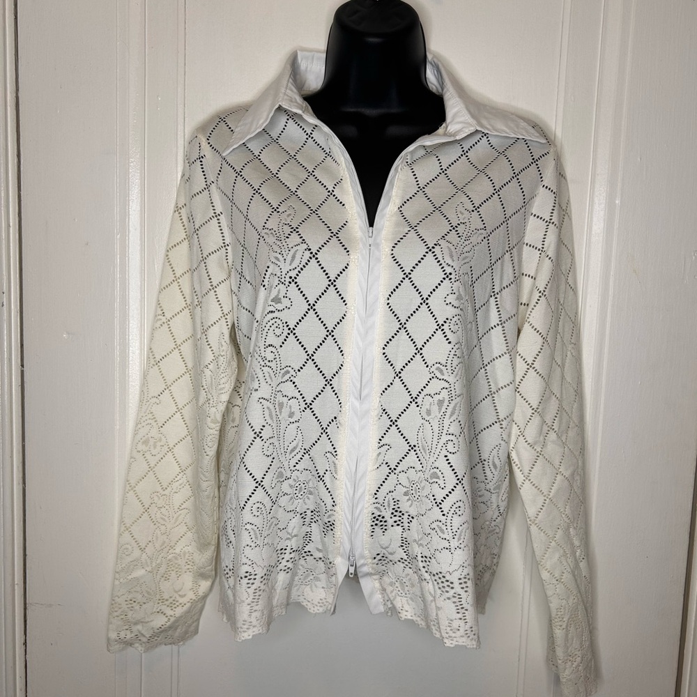 Acorn Off-White Zip down Diamond Lace Eyelet Pattern Top